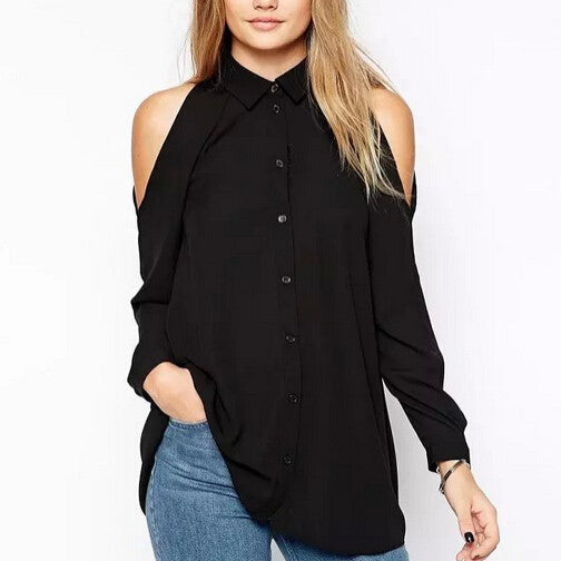 Off Shoulder Long Sleeve Collar Blouse Casual